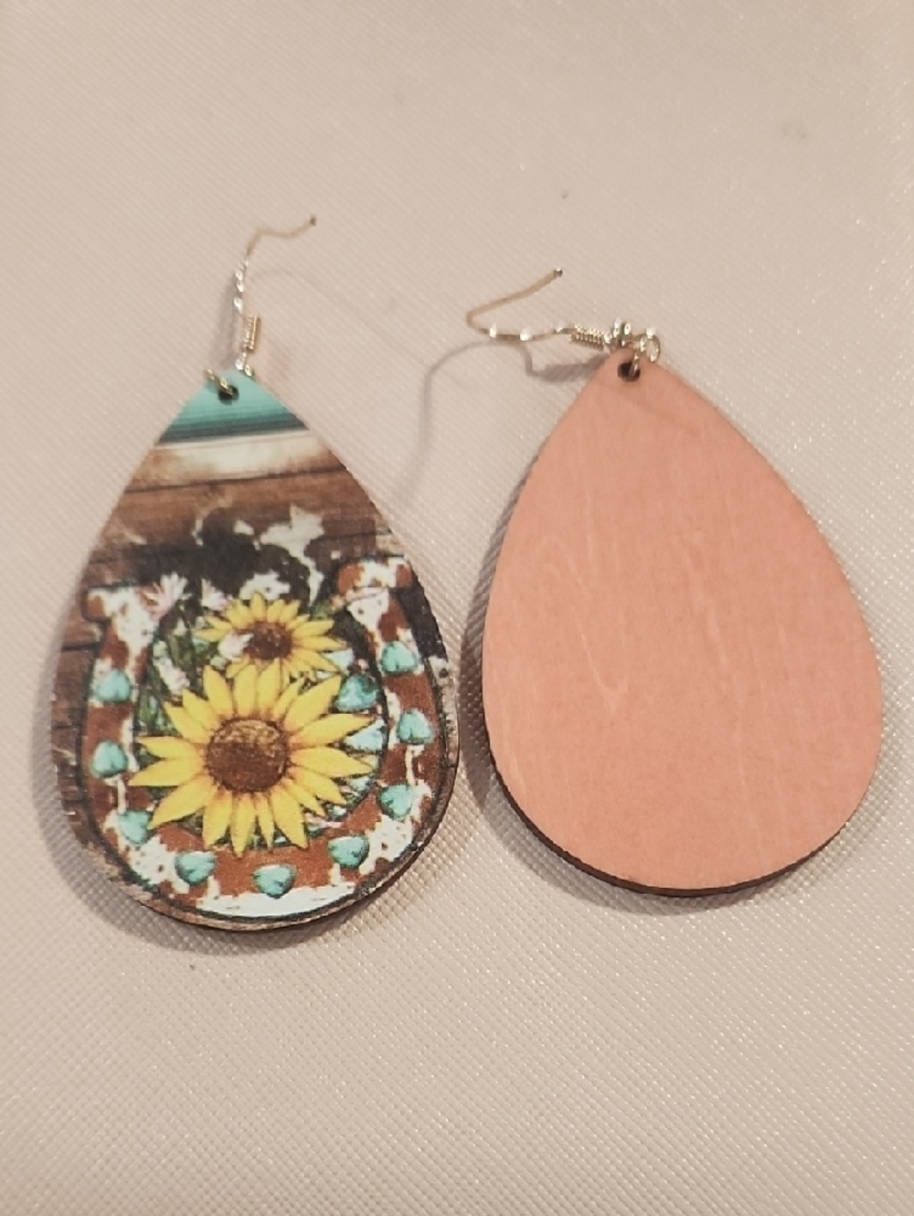 Wooden Sunflower Teardrop Dangle Earrings - Turquoise & Yellow. Love These! - Picture 2 of 3
